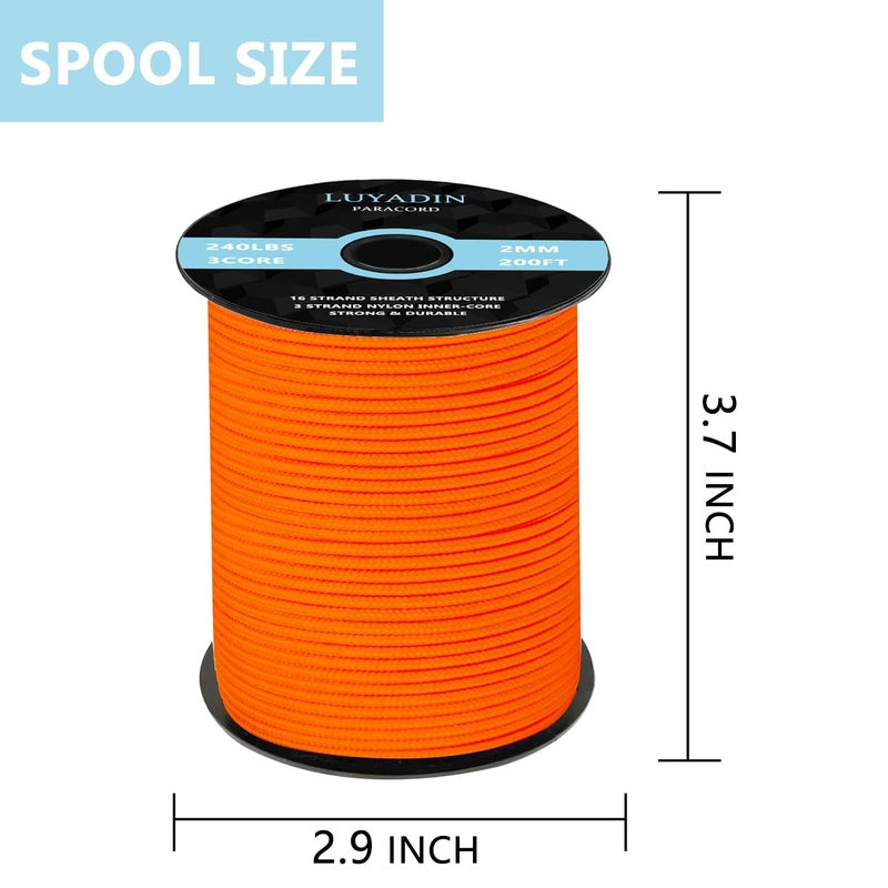 LUYADIN Paracord 240lb - Diameter 2mm Micro Utility Cord -3 Strand Parachute Spool Cord - 100ft 200ft,Paracord for Camping,Hiking,Fishing,Outdoor and DIY - Image 2